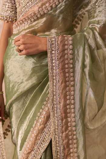 Buy Ridhi Mehra Green Tissue, Net V-neck Ehsas Embroidered Saree With Blouse Online at Aza Fashions Buy_Ridhi Mehra_Green Tissue, Net V-neck Ehsas Embroidered Saree With Blouse _Online_at_Aza_Fashions