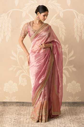 Ridhi Mehra_Pink Tissue Scoop Neck Nazaakat Embroidered Saree With Blouse _Online_at_Aza_Fashions
