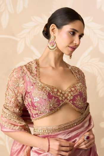 Buy_Ridhi Mehra_Pink Tissue Scoop Neck Nazaakat Embroidered Saree With Blouse _Online_at_Aza_Fashions