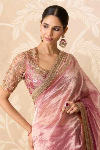Shop_Ridhi Mehra_Pink Tissue Scoop Neck Nazaakat Embroidered Saree With Blouse _Online_at_Aza_Fashions