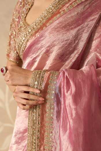Ridhi Mehra_Pink Tissue Scoop Neck Nazaakat Embroidered Saree With Blouse _at_Aza_Fashions