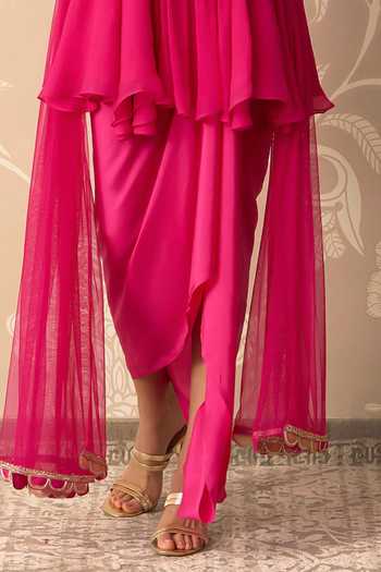 Ridhi Mehra_Fuchsia Chiffon, Silk, Net Round Neck Saaz Embroidered Kurta Skirt Set _Online_at_Aza_Fashions