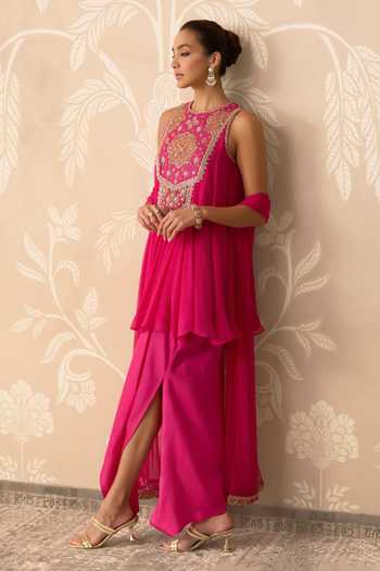 Buy_Ridhi Mehra_Fuchsia Chiffon, Silk, Net Round Neck Saaz Embroidered Kurta Skirt Set _Online_at_Aza_Fashions