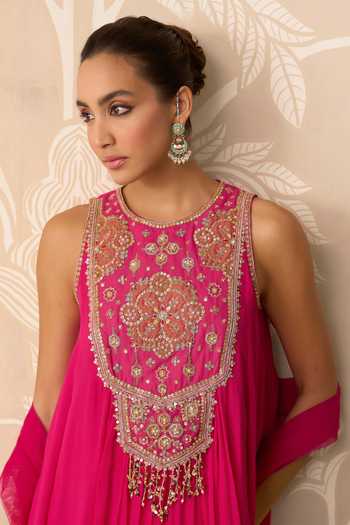 Shop_Ridhi Mehra_Fuchsia Chiffon, Silk, Net Round Neck Saaz Embroidered Kurta Skirt Set _Online_at_Aza_Fashions