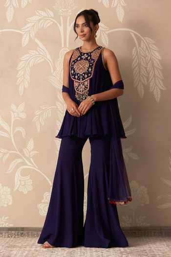 Buy_Ridhi Mehra_Purple Chiffon, Net Round Neck, Yes Mannat Embroidered Kurta Sharara Set _Online_at_Aza_Fashions