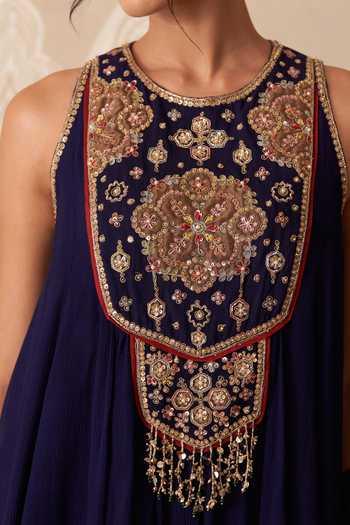 Shop_Ridhi Mehra_Purple Chiffon, Net Round Neck, Yes Mannat Embroidered Kurta Sharara Set _Online_at_Aza_Fashions
