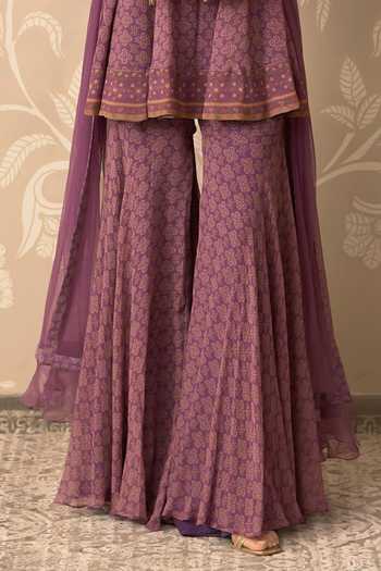 Ridhi Mehra_Purple Chiffon, Net Split V-neck, Yes Roohana Embroidered Kurta Gharara Set _Online_at_Aza_Fashions