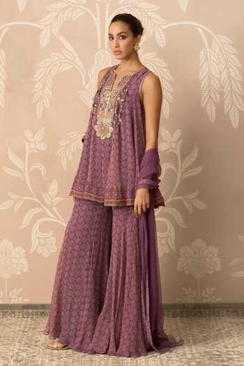 Buy_Ridhi Mehra_Purple Chiffon, Net Split V-neck, Yes Roohana Embroidered Kurta Gharara Set _Online_at_Aza_Fashions