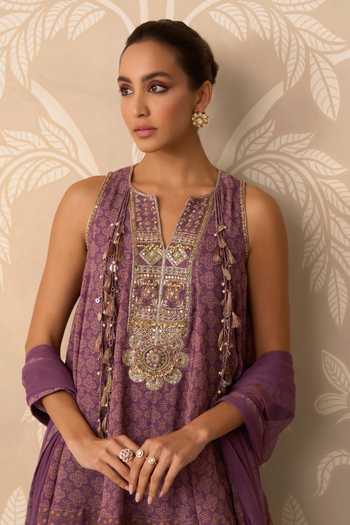 Shop_Ridhi Mehra_Purple Chiffon, Net Split V-neck, Yes Roohana Embroidered Kurta Gharara Set _Online_at_Aza_Fashions