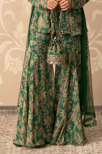 Ridhi Mehra Green Chiffon, Net V-neck Nazneen Printed Peplum Kurta Gharara Set Online at Aza Fashions Ridhi Mehra_Green Chiffon, Net V-neck Nazneen Printed Peplum Kurta Gharara Set _Online_at_Aza_Fashions