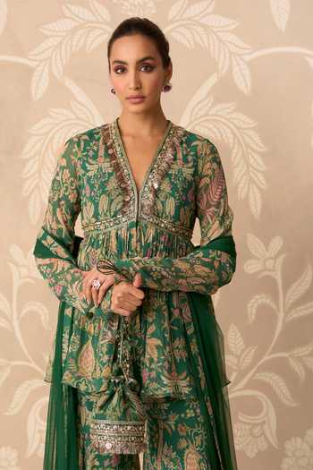 Buy Ridhi Mehra Green Chiffon, Net V-neck Nazneen Printed Peplum Kurta Gharara Set Online at Aza Fashions Buy_Ridhi Mehra_Green Chiffon, Net V-neck Nazneen Printed Peplum Kurta Gharara Set _Online_at_Aza_Fashions