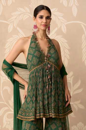 Ridhi Mehra Emerald Green Chiffon, Net Halter Neck, Sancha Printed Peplum Kurta Gharara Set Online at Aza Fashions Ridhi Mehra_Emerald Green Chiffon, Net Halter Neck, Sancha Printed Peplum Kurta Gharara Set _Online_at_Aza_Fashions
