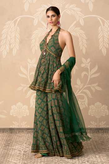 Buy Ridhi Mehra Emerald Green Chiffon, Net Halter Neck, Sancha Printed Peplum Kurta Gharara Set Online at Aza Fashions Buy_Ridhi Mehra_Emerald Green Chiffon, Net Halter Neck, Sancha Printed Peplum Kurta Gharara Set _Online_at_Aza_Fashions