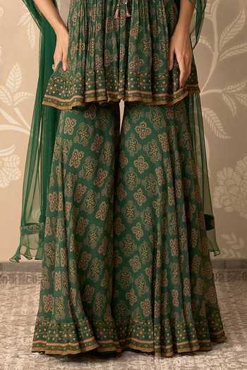 Shop Ridhi Mehra Emerald Green Chiffon, Net Halter Neck, Sancha Printed Peplum Kurta Gharara Set Online at Aza Fashions Shop_Ridhi Mehra_Emerald Green Chiffon, Net Halter Neck, Sancha Printed Peplum Kurta Gharara Set _Online_at_Aza_Fashions