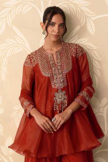 Buy Ridhi Mehra Orange Organza, Silk, Net Notched Neck Surkh Embroidered Kurta Salwar Set Online at Aza Fashions Buy_Ridhi Mehra_Orange Organza, Silk, Net Notched Neck Surkh Embroidered Kurta Salwar Set _Online_at_Aza_Fashions