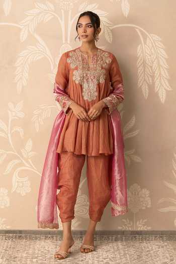 Buy Ridhi Mehra Orange Chanderi, Tissue Split V-neck Shiddat Embroidered Kurta Salwar Set Online at Aza Fashions Buy_Ridhi Mehra_Orange Chanderi, Tissue Split V-neck Shiddat Embroidered Kurta Salwar Set _Online_at_Aza_Fashions