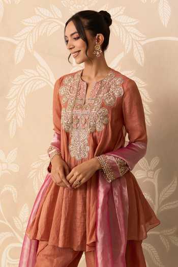 Shop Ridhi Mehra Orange Chanderi, Tissue Split V-neck Shiddat Embroidered Kurta Salwar Set Online at Aza Fashions Shop_Ridhi Mehra_Orange Chanderi, Tissue Split V-neck Shiddat Embroidered Kurta Salwar Set _Online_at_Aza_Fashions