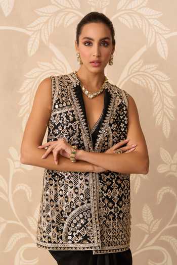 Shop Ridhi Mehra Black Organza, Silk Open , Plunge Aaina Embroidered Jacket Skirt Set Online at Aza Fashions Shop_Ridhi Mehra_Black Organza, Silk Open , Plunge Aaina Embroidered Jacket Skirt Set _Online_at_Aza_Fashions