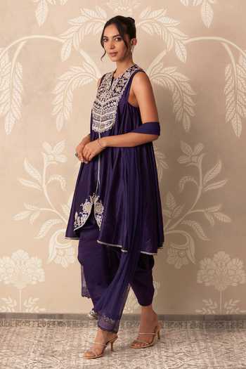 Ridhi Mehra Purple Chanderi, Net Round Neck Khayaal Placement Embroidered Kurta Salwar Set Online at Aza Fashions Ridhi Mehra_Purple Chanderi, Net Round Neck Khayaal Placement Embroidered Kurta Salwar Set _Online_at_Aza_Fashions