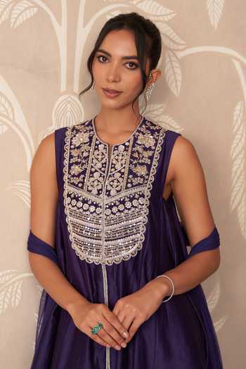 Shop Ridhi Mehra Purple Chanderi, Net Round Neck Khayaal Placement Embroidered Kurta Salwar Set Online at Aza Fashions Shop_Ridhi Mehra_Purple Chanderi, Net Round Neck Khayaal Placement Embroidered Kurta Salwar Set _Online_at_Aza_Fashions