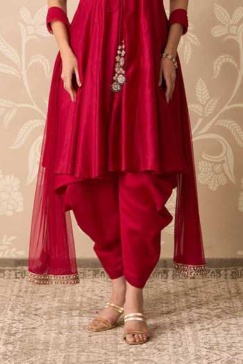 Ridhi Mehra Red Chanderi, Net High Neck Raabta Embroidered Anarkali Salwar Set Online at Aza Fashions Ridhi Mehra_Red Chanderi, Net High Neck Raabta Embroidered Anarkali Salwar Set _Online_at_Aza_Fashions