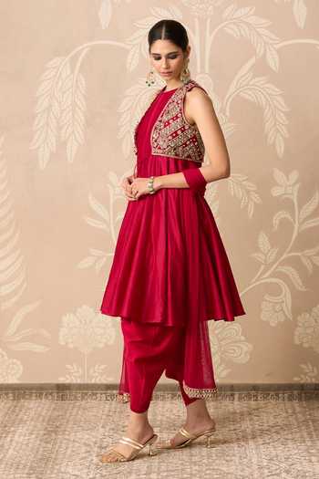 Shop Ridhi Mehra Red Chanderi, Net High Neck Raabta Embroidered Anarkali Salwar Set Online at Aza Fashions Shop_Ridhi Mehra_Red Chanderi, Net High Neck Raabta Embroidered Anarkali Salwar Set _Online_at_Aza_Fashions