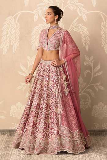 Ridhi Mehra_Pink Tissue, Net V-neck Embroidered Lehenga Set _Online_at_Aza_Fashions