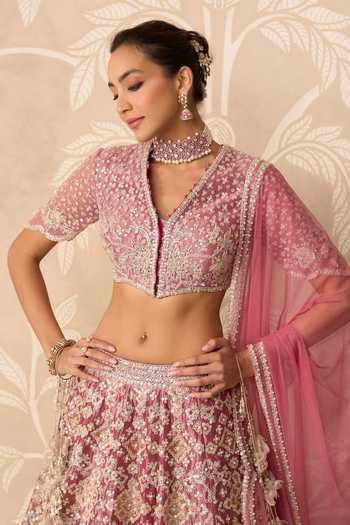 Buy_Ridhi Mehra_Pink Tissue, Net V-neck Embroidered Lehenga Set _Online_at_Aza_Fashions