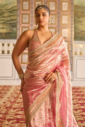 Ridhi Mehra_Pink Tissue, Net Halter Neck Embroidered Saree With Blouse _Online_at_Aza_Fashions