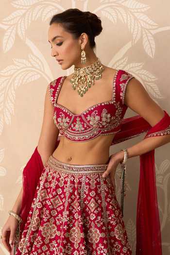 Buy Ridhi Mehra Red Silk, Net Sweetheart Neck Raw Embroidered Lehenga Set Online at Aza Fashions Buy_Ridhi Mehra_Red Silk, Net Sweetheart Neck Raw Embroidered Lehenga Set _Online_at_Aza_Fashions