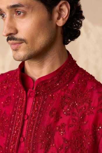 Ridhi Mehra Red Organza, Chanderi Embroidery Jazbaat Bundi And Kurta Set at Aza Fashions Ridhi Mehra_Red Organza, Chanderi Embroidery Jazbaat Bundi And Kurta Set _at_Aza_Fashions