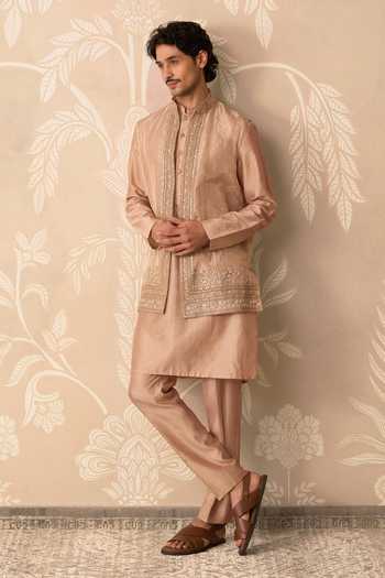 Shop Ridhi Mehra Gold Tissue, Chanderi Embroidery Zaroon Bundi And Kurta Set Online at Aza Fashions Shop_Ridhi Mehra_Gold Tissue, Chanderi Embroidery Zaroon Bundi And Kurta Set _Online_at_Aza_Fashions