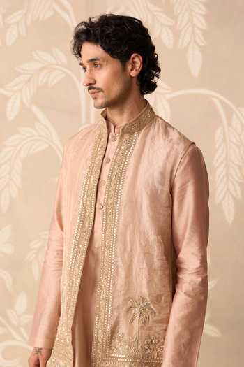 Ridhi Mehra Gold Tissue, Chanderi Embroidery Zaroon Bundi And Kurta Set at Aza Fashions Ridhi Mehra_Gold Tissue, Chanderi Embroidery Zaroon Bundi And Kurta Set _at_Aza_Fashions