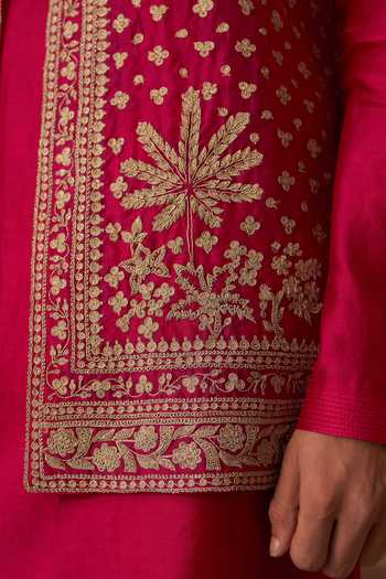 Shop_Ridhi Mehra_Fuchsia Organza, Chanderi Zari, Stones Smaran Embroidered Bundi And Kurta Set _Online_at_Aza_Fashions