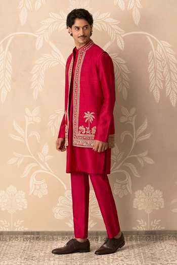Shop Ridhi Mehra Red Silk, Chanderi Embroidery Roshan Bundi And Kurta Set Online at Aza Fashions Shop_Ridhi Mehra_Red Silk, Chanderi Embroidery Roshan Bundi And Kurta Set _Online_at_Aza_Fashions