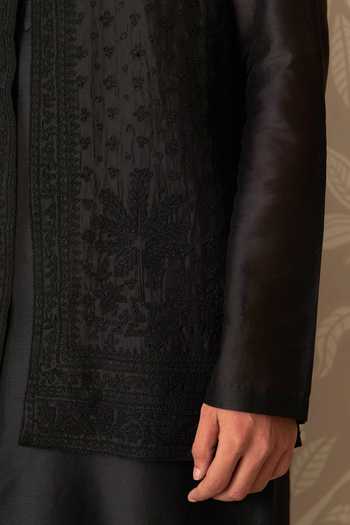 Shop Ridhi Mehra Black Organza, Chanderi Embroidery Sabr Bundi And Kurta Set Online at Aza Fashions Shop_Ridhi Mehra_Black Organza, Chanderi Embroidery Sabr Bundi And Kurta Set _Online_at_Aza_Fashions