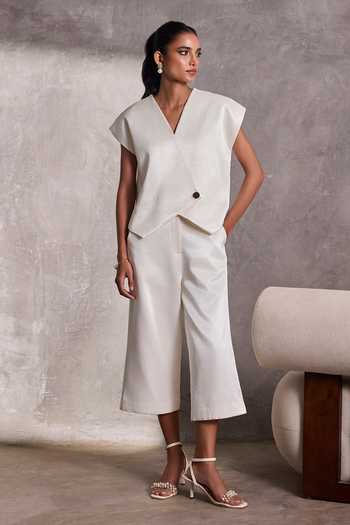 Tara And I_Ivory Silk V-neck Asymmetric Bolero Jacket _Online_at_Aza_Fashions