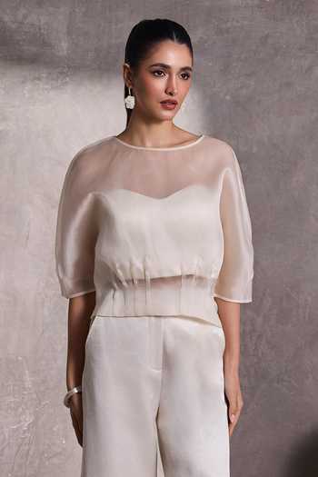Tara And I_Ivory Silk Sweetheart Neck Gajji Bustier _Online_at_Aza_Fashions