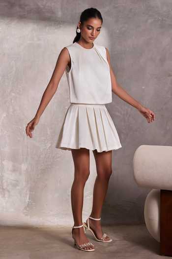 Tara And I_Ivory Silk Round Neck Gajji Sleeveless Top _Online_at_Aza_Fashions