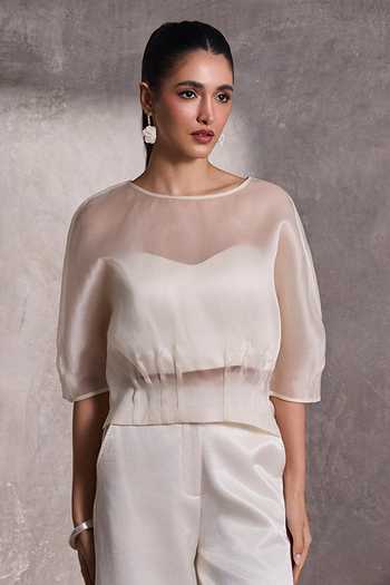 Tara And I_Ivory Organza Boat Neck Sheer Top _Online_at_Aza_Fashions