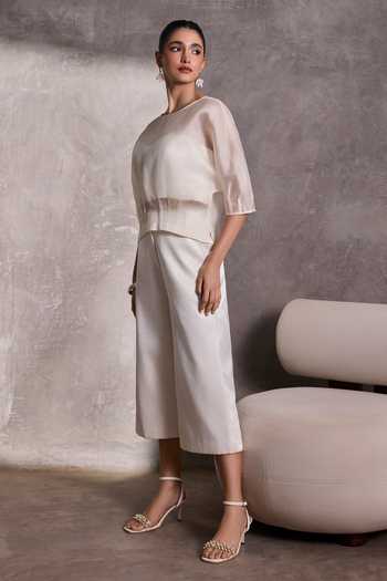 Buy_Tara And I_Ivory Organza Boat Neck Sheer Top _Online_at_Aza_Fashions