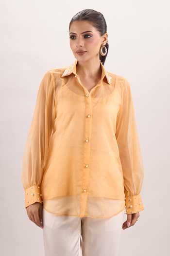 Naintara Bajaj_White Cotton, Organza, Silk Scoop Golden Sunrise Embroidered Shirt And Pant Set _Online_at_Aza_Fashions