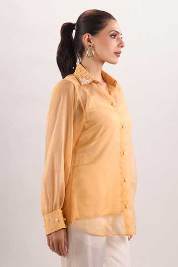 Buy_Naintara Bajaj_White Cotton, Organza, Silk Scoop Golden Sunrise Embroidered Shirt And Pant Set _Online_at_Aza_Fashions
