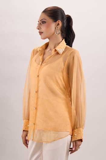 Shop_Naintara Bajaj_White Cotton, Organza, Silk Scoop Golden Sunrise Embroidered Shirt And Pant Set _Online_at_Aza_Fashions