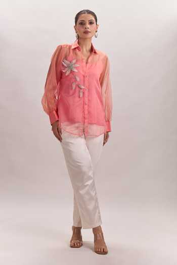 Naintara Bajaj White Cotton, Organza, Silk Collared Neck 3d Floral Embroidered Shirt And Pant Set Online at Aza Fashions Naintara Bajaj_White Cotton, Organza, Silk Collared Neck 3d Floral Embroidered Shirt And Pant Set _Online_at_Aza_Fashions