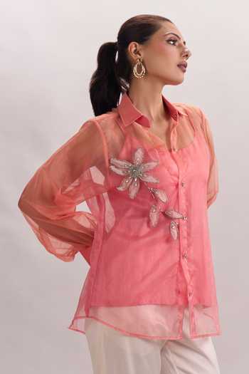 Shop Naintara Bajaj White Cotton, Organza, Silk Collared Neck 3d Floral Embroidered Shirt And Pant Set Online at Aza Fashions Shop_Naintara Bajaj_White Cotton, Organza, Silk Collared Neck 3d Floral Embroidered Shirt And Pant Set _Online_at_Aza_Fashions