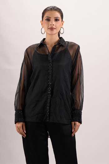 Naintara Bajaj Black Cotton, Organza, Silk Collared Neck 3d Embroidered Shirt And Pant Set Online at Aza Fashions Naintara Bajaj_Black Cotton, Organza, Silk Collared Neck 3d Embroidered Shirt And Pant Set _Online_at_Aza_Fashions
