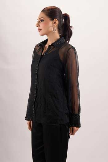 Buy Naintara Bajaj Black Cotton, Organza, Silk Collared Neck 3d Embroidered Shirt And Pant Set Online at Aza Fashions Buy_Naintara Bajaj_Black Cotton, Organza, Silk Collared Neck 3d Embroidered Shirt And Pant Set _Online_at_Aza_Fashions