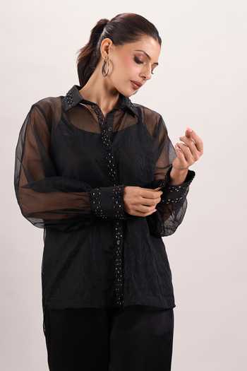 Shop Naintara Bajaj Black Cotton, Organza, Silk Collared Neck 3d Embroidered Shirt And Pant Set Online at Aza Fashions Shop_Naintara Bajaj_Black Cotton, Organza, Silk Collared Neck 3d Embroidered Shirt And Pant Set _Online_at_Aza_Fashions