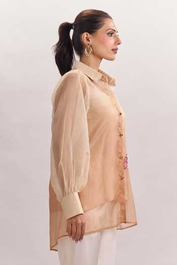 Buy Naintara Bajaj White Cotton, Organza, Silk Collared Hand Painted Flamingo Bird Shirt And Pant Set Online at Aza Fashions Buy_Naintara Bajaj_White Cotton, Organza, Silk Collared Hand Painted Flamingo Bird Shirt And Pant Set _Online_at_Aza_Fashions
